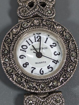 Vintage Majestron White Dial Classic Style Silver Tone Marcasite Band Watch