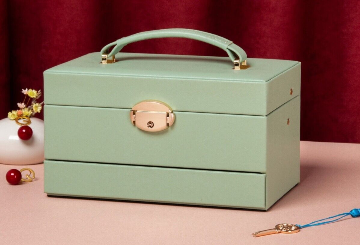 Green PULeather Jewellery Box Armoire Rings Necklaces Gift Storage Box