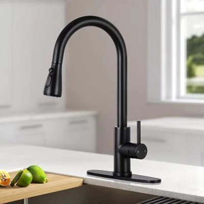 ESUKCESO Kitchen Sink Faucet Black Pull Down/Out Sprayer Swivel Single Handle Mixer Taps