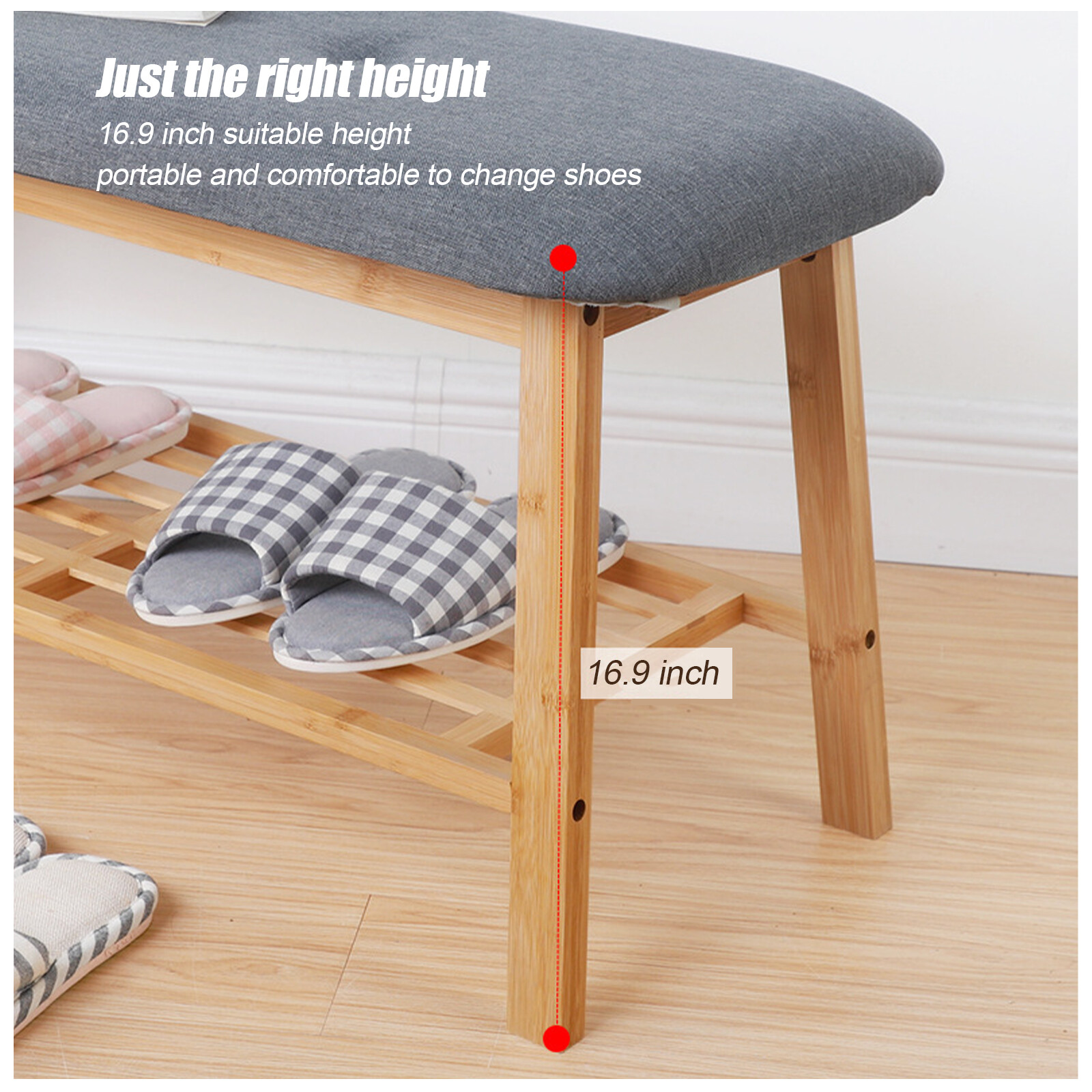 Shoe Bench Small Entryway Storage Rack Natural Bamboo Cushion Seat