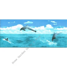 Blue Jumping Dolphins Sea Ocean Wave Sky Bathroom Vinyl Wall paper Border