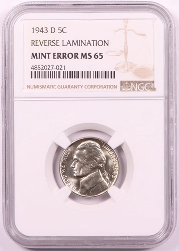 1943-D Jefferson Silver War Nickel 5C Mint Error Reverse Lamination NGC MS65