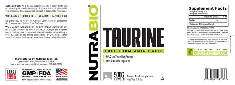 Aminoácido taurina 500g pó sem sabor Nutrabio 100% AUTÊNTICO - Imagem 3 de 3