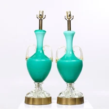 Mid Century Italian Murano Teal Cased-Glass Double-Handled Urn-Form Lamps - Pair