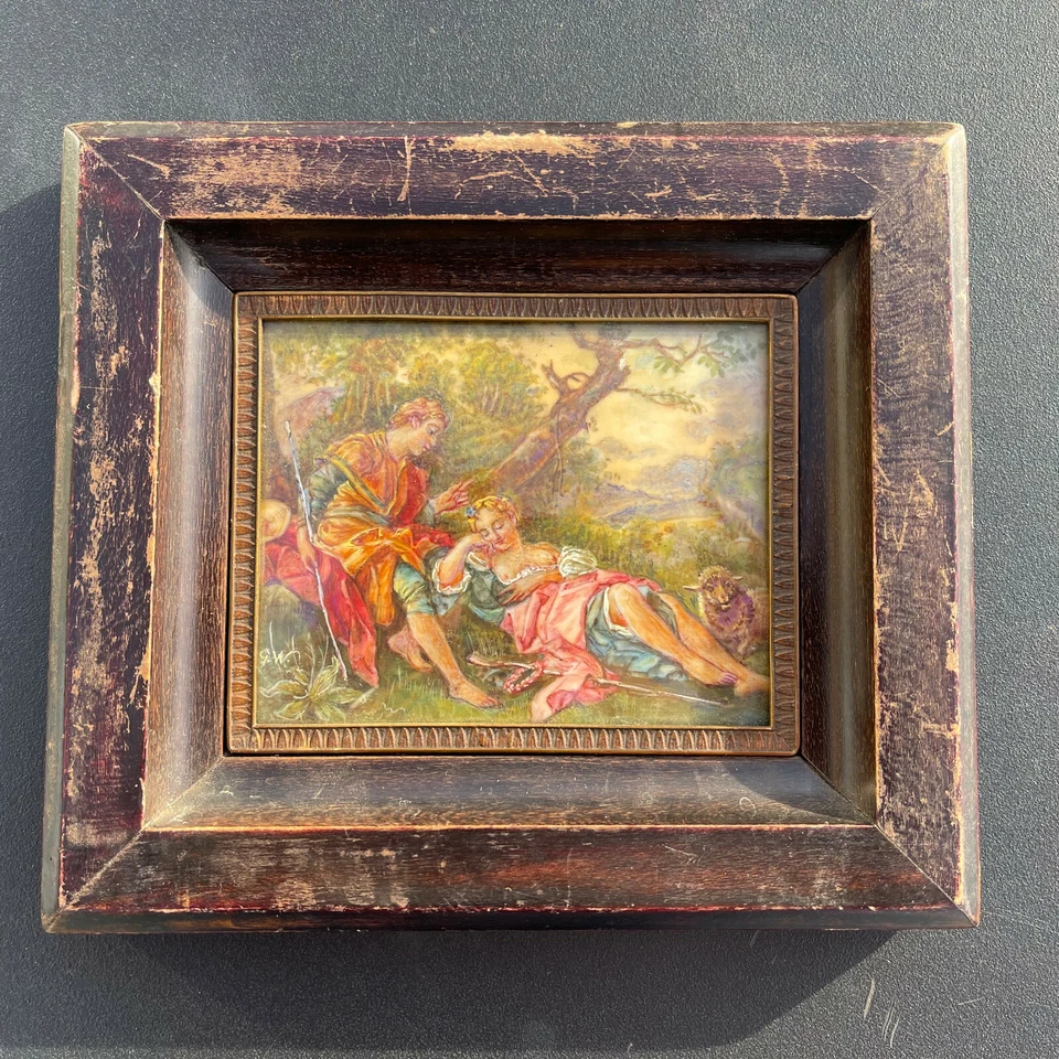 Rare miniature curiosa XIXème siècle signée avec cadre berger & bergère denudée - Photo 1/4