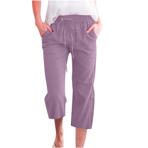 Women Solid Cotton Linen Cropped Pants Loose Fit Pocket Mid Length Capri Pants - Picture 15 of 55