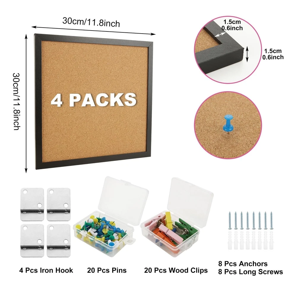 4 Packs Cork Board Bulletin Board 12"x12", Black Framed Corkboard, Small Squa... - Image 2 of 4