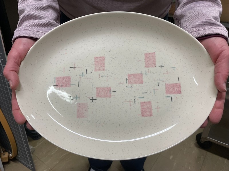 Tickled pink Vernon Ware oval platter 13 inch MCM Vintage good atomic fun