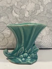 CORNUCOPIA VASE Vintage McCOY ART pottery: Glossy Teal Blue  LEAF & BERRY 4.5” T