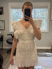 LoveShackFancy Brynn Mini Dress Antique White Lace Ruffle V-Neck Size 4