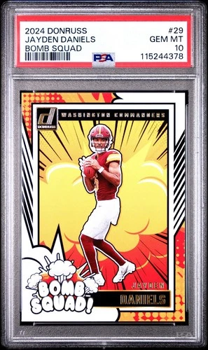 113363828 Jayden Daniels 2024 Panini Donruss #29 Bomb Squad Rookie RC PSA 10