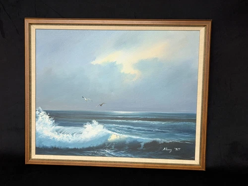 VTG Oil Painting Canvas Ocean Waves SIGNED Framed Seascape Nautical Beach 1987
