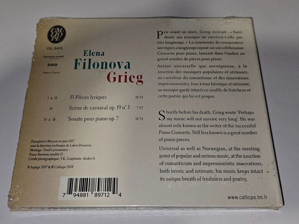 Elena Filonova: Grieg Sonate pour Piano Op. 7 CD 2008 Calliope *NEW/SEALED* - Image 2 of 3