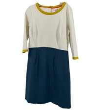 Boden Sheath Dress Womens 10 Cream Teal Mustard Colorblock 3/4 Sleeve Mod Office