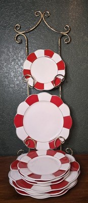 Grace Teaware-8 Red & White Scalloped 4*Dinner & 4*Salad Porcelain  Plates (New)