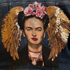 Frida Kahlo Jean Jacket Unique Upcycled Sz XL Wearable Art One of a Kind Jacket Frida Kahlo Jean Jacket Unique Upcycled Sz XL Wearable Art One of a Kind Jacket