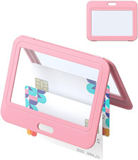 ID Badge Holder with Double-Sided Windows Horizontal Hard Plastic Case Pink Card