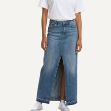 Bisou Bisou Denim Maxi Skirt Womens 2 Blue Stretch Front Slit Casual Boho Y2K