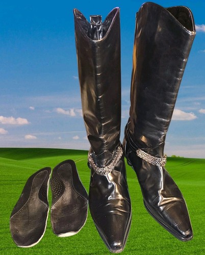 Via Spiga Italy Women Sz 10 Tall Black Leather Western Boot Silver Chain Trim