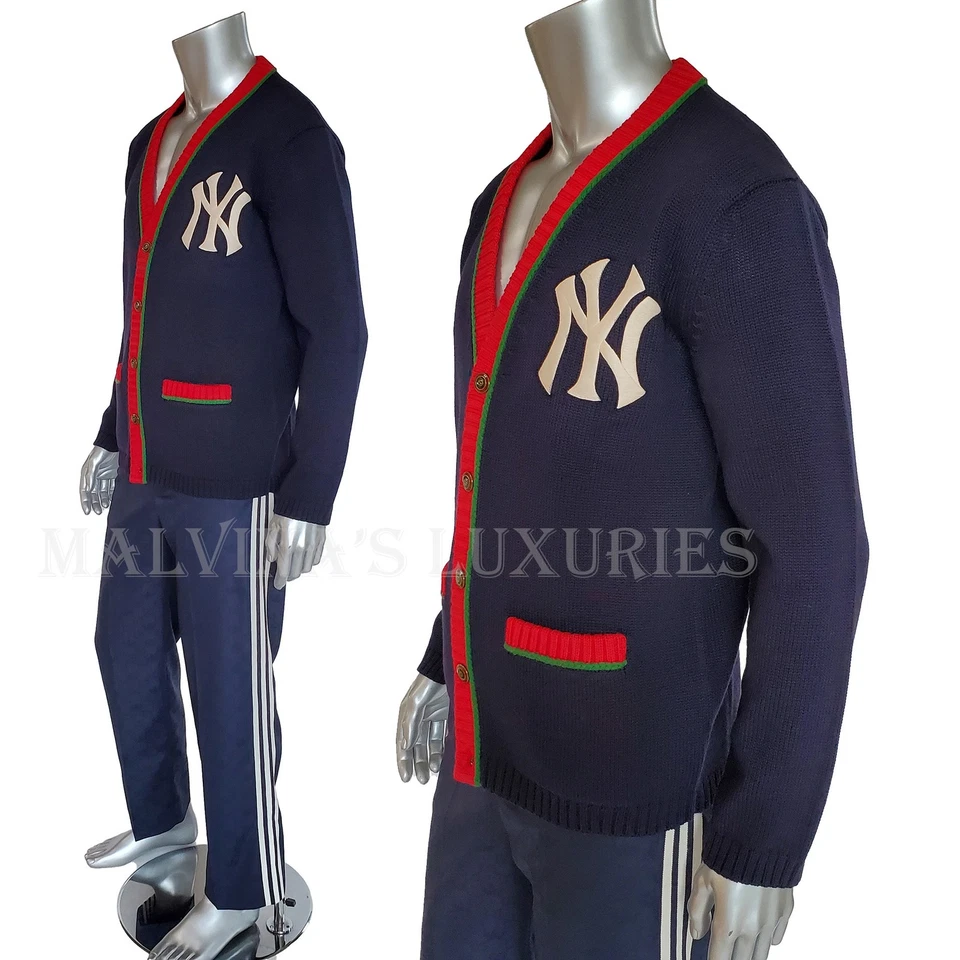GUCCI MENS SWEATER CARDIGAN w NY YANKEES PATCH NAVY BLUE WOOL WEB M Medium - Image 4 of 4