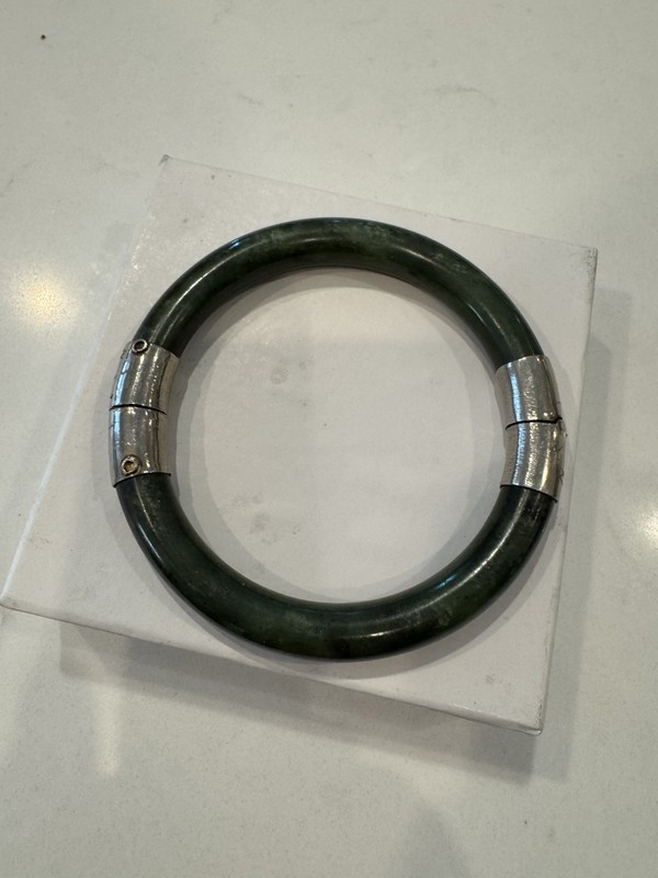 Vintage Spinach green  Jade ? Bracelet Hinged bangle Silver Plated