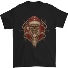 Camiseta Gótica Para Hombre Santa Reno Calavera De Algodón 100% Negra