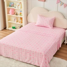 3 PCS Twin Sheet Set Kids Microfiber Pink Bow Flat Fitted Pillowcase Bedding