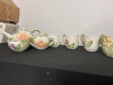 Floral Ceramic Glazed Tea Set with Teapot, Sugar Bowl, Creamer  4 Cups