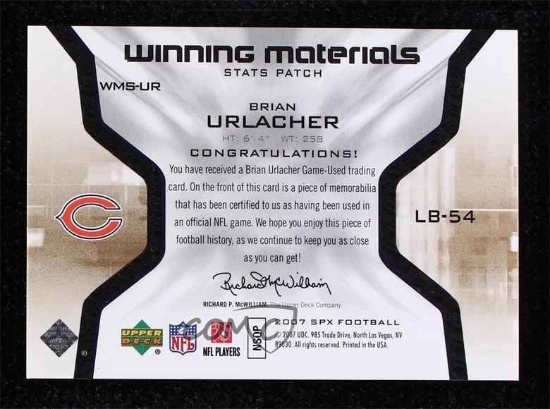 2007 SPx Winning Materials Stats Patch /10 Brian Urlacher #WMS-UR Patch HOF - Image 2 of 2