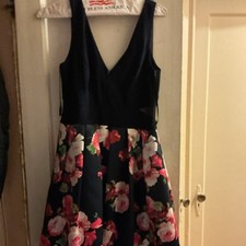 XSCAPE Floral Fit  Flare Sleeveless Midi Dress V-Neck Navy Size 14