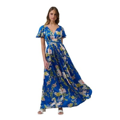 Sugarlips Solary Floral Eloray Pleated Maxi Dress Cobalt Blue Women's XS  NEW | eBay