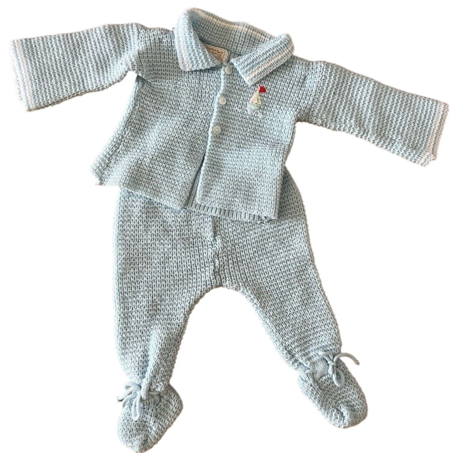 Cradle Knit Layette Set Crochet Sweater Hat and Pants w attached booties