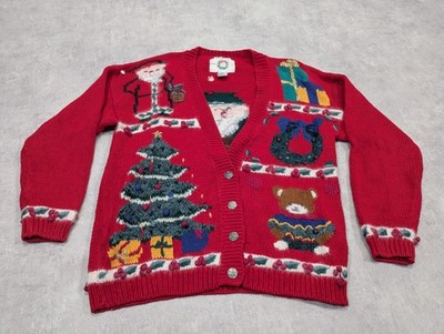 Vintage Christopher Banks Strickjacke Damen M bestickt Weihnachtsbaum Santa Teddy Kranz