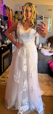 DRESS White Lace Tulle V-Neck A-Line Sleeveless Zipper Back Full-Length Sz 4