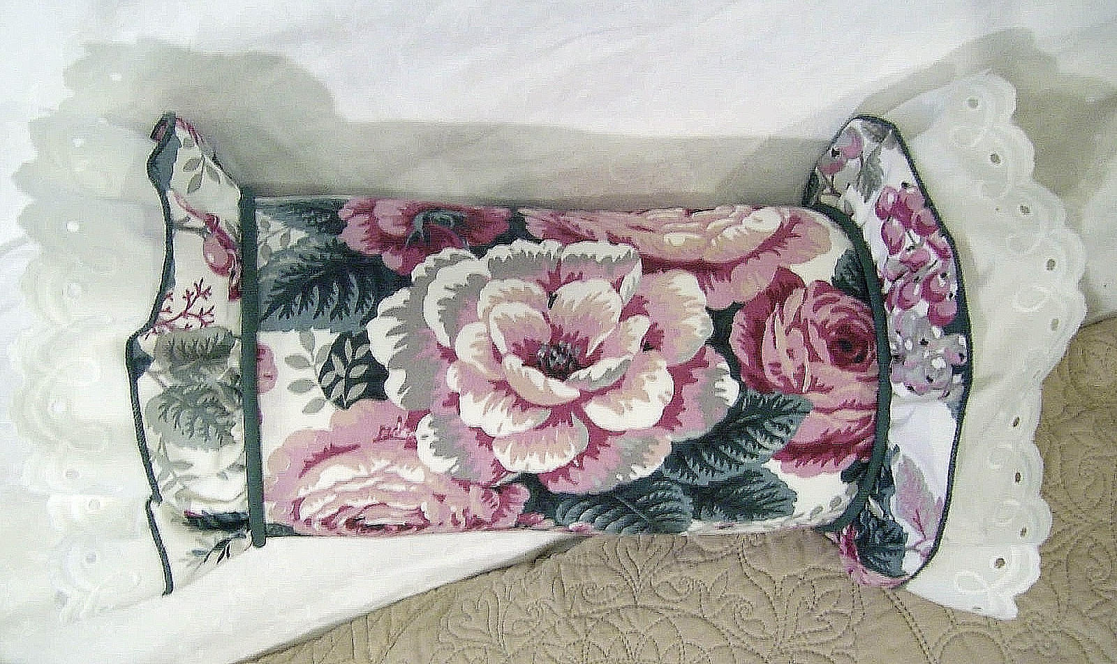 New WAVERLY Shabby Rose Ruffle Pink Floral Firm Bolster Neck Roll PILLOW 16"