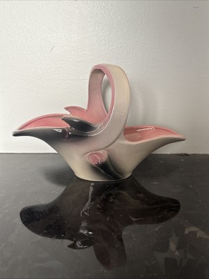 Hull USA Pottery 56 Pink, White, Gray & Black Ceramic Handle Basket Vase Vintage