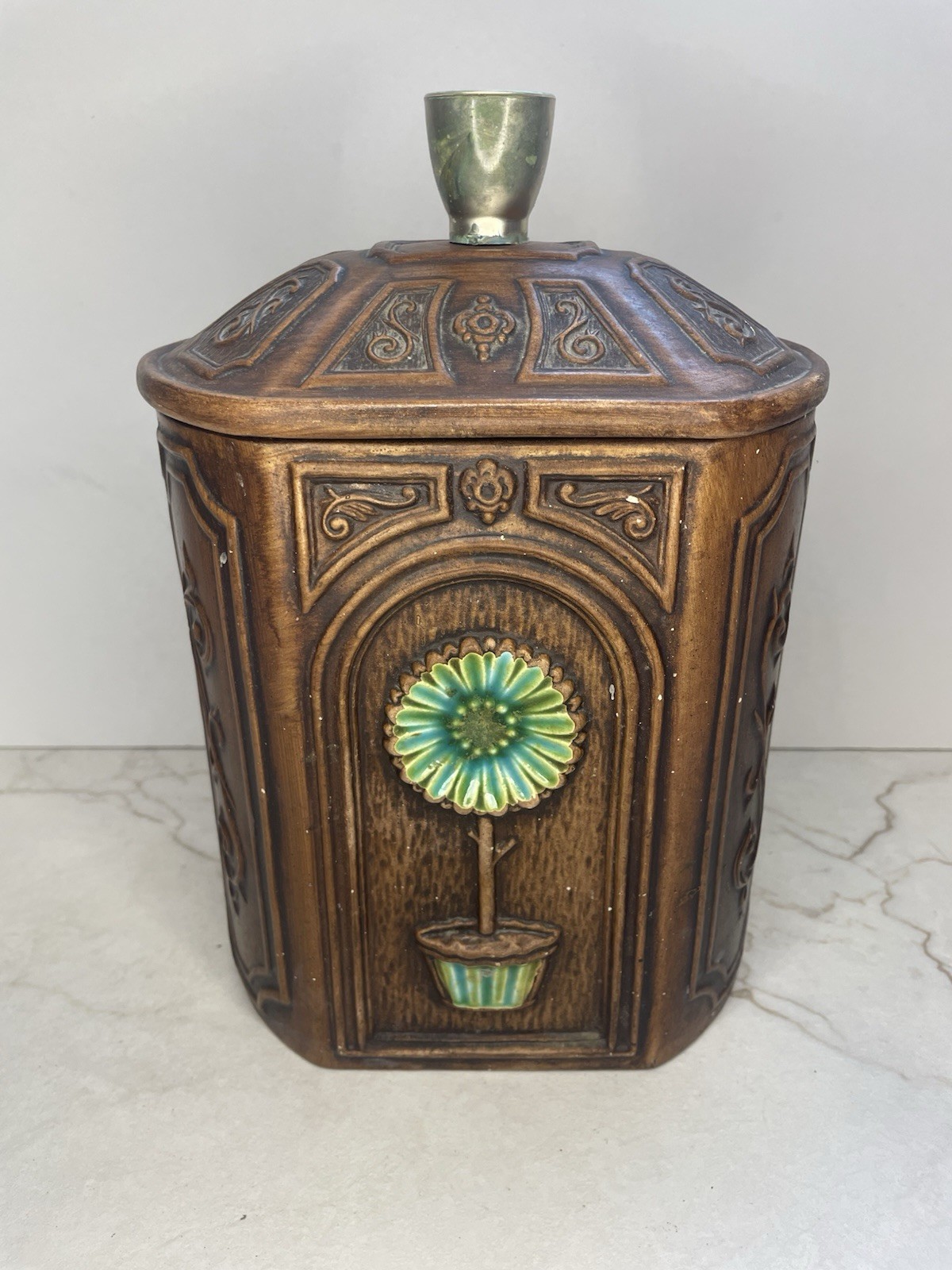 Vintage Treasure Craft Wood Grain Blue Flower Flour Canister - MCM