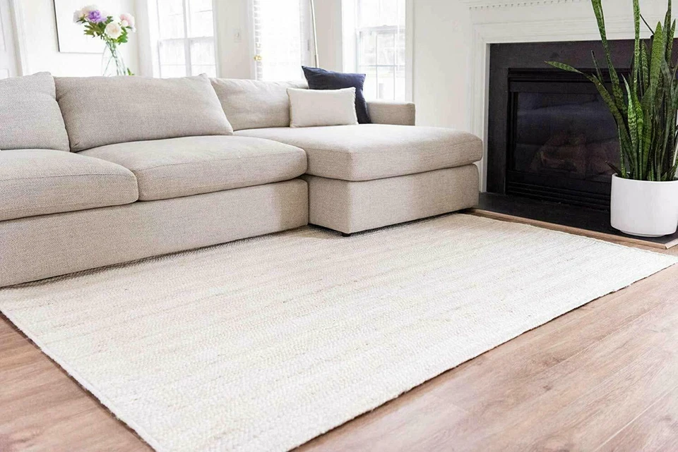 Rug 100% Natural Jute Rectangle Braided Floor Mat Handmade Reversible White Rug - Image 4 of 4