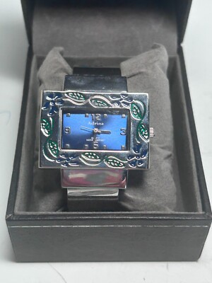 Adrina Quartz Silver Tone Cuff Blue Flower Enamel Watch Box in box W61 Box1