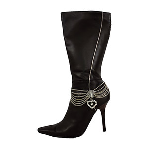 Women Silver Metal Chain Boot Bracelet Shoe Anklet Side Heart Charm Multi Waves