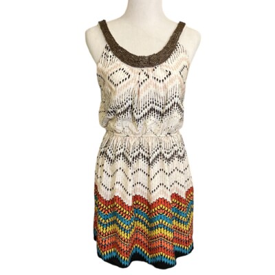 Three Pink Hearts Mini Dress Sleeveless Beaded  Size L