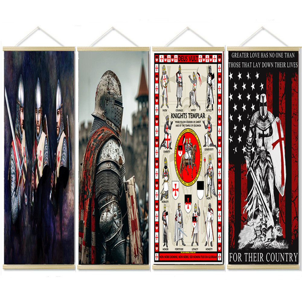 Knights Templar Poster Vintage Solid Wood Scroll Painting Crusader Wall Art 4PCS