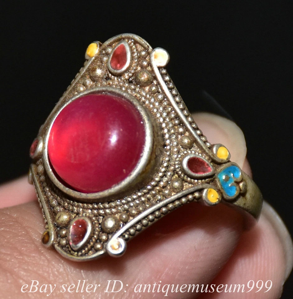 Anillo de dedo flor dinastía gema roja luz de las estrellas con incrustación de plata china antigua de 1" Foto 2 de 4