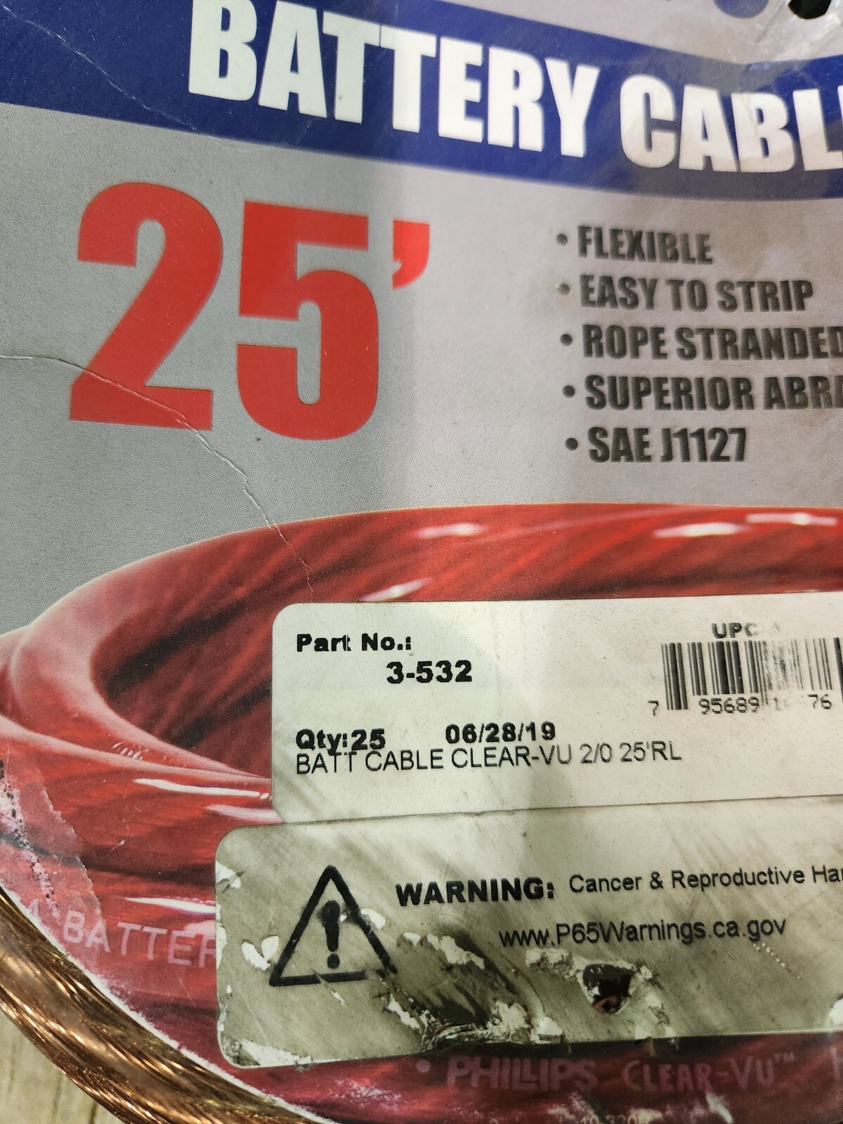 Phillips 3-532 Clear-VU Corrosion Detecting Battery Cable, 25 Ft, 2/0 GA