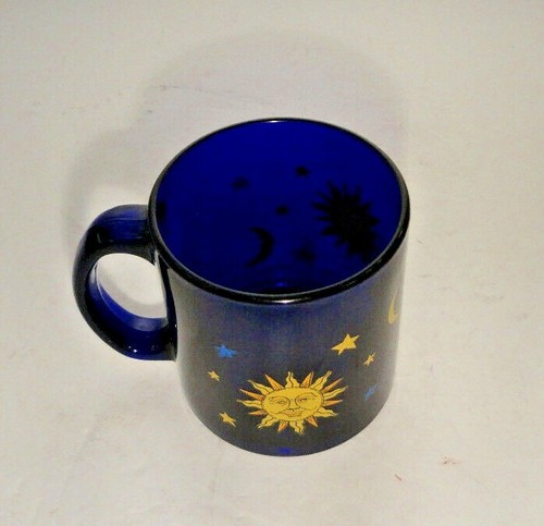 Vintage Libbey Coffee Mug Cobalt Blue Glass Celestial Sun Moon Stars Cup USA - Picture 4 of 9
