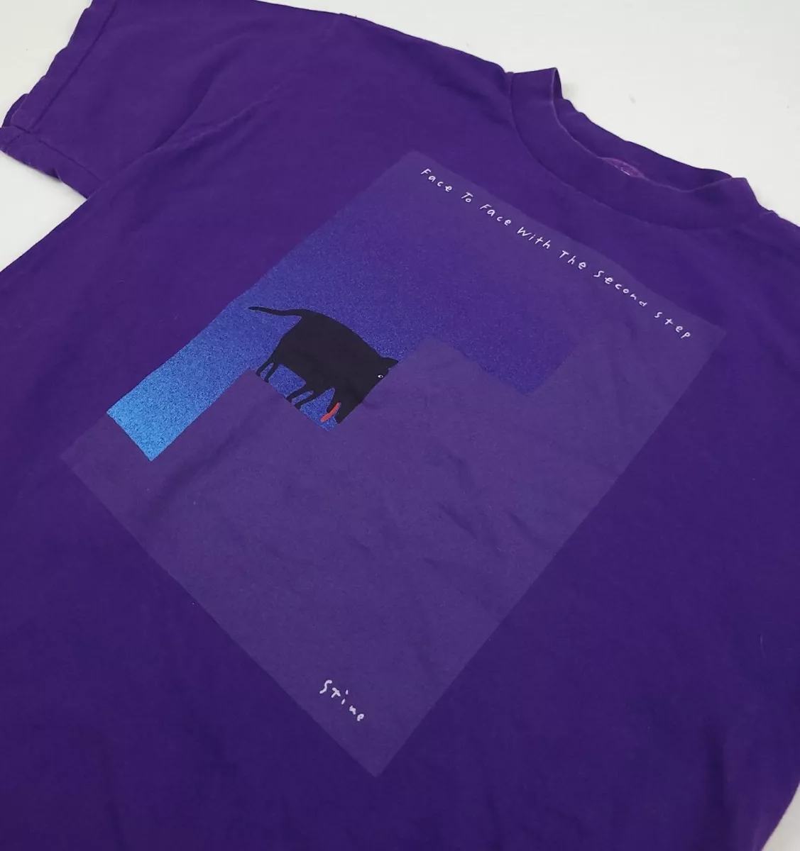 Vintage 90s Richard Stine Art Shirt Face Second Step Rare Usa Vtg Artwork Purple