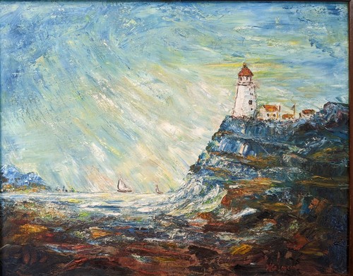 Vintage amerikanischer Impressionist Ölgemälde—”Sandy Hook Lighthouse”—H. Krimin—gerahmt - Bild 2 von 12