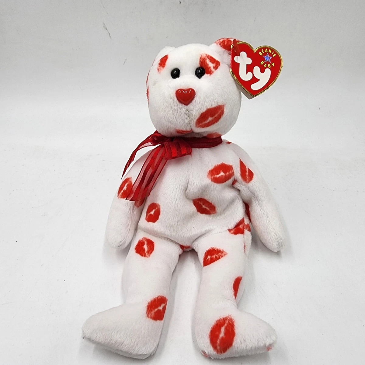 TY Beanie Baby Smooch The Bear Stuffed Animal White Red Kisses