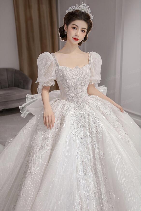 Gorgeous Diamante square-cut collar hubble-bubble sleeve Bride Wedding  Dresses
