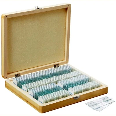 AmScope 100pc Prepared Microscope Slides-Plant Fungus Insects & More + Wood Case